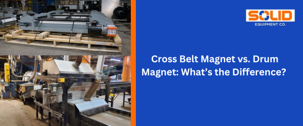 Industrial magnetic separation equipment showing cross belt magnet and drum magnet used in scrap recycling systems.