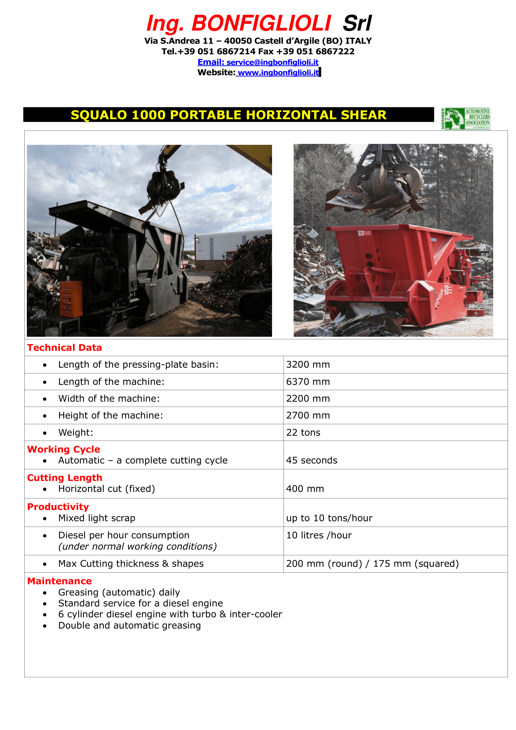 Bonfiglioli Squalo 1000 technical data sheet