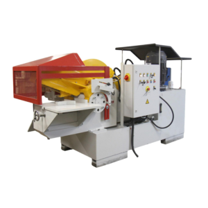 A-600 E alligator shear with red guard, yellow blade arm and control panel