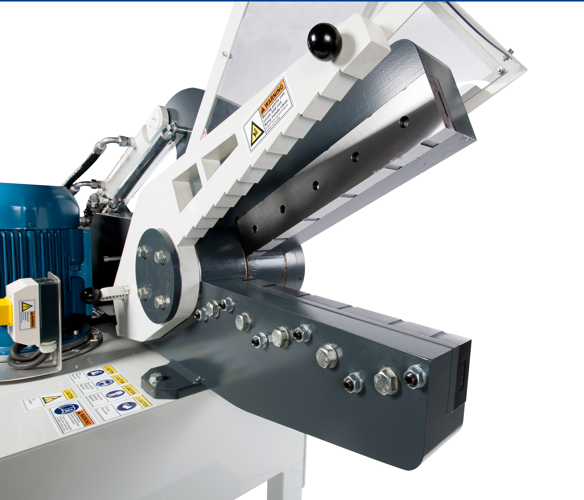 Close-up of the Forfex 500 alligator shear's open jaw and blade