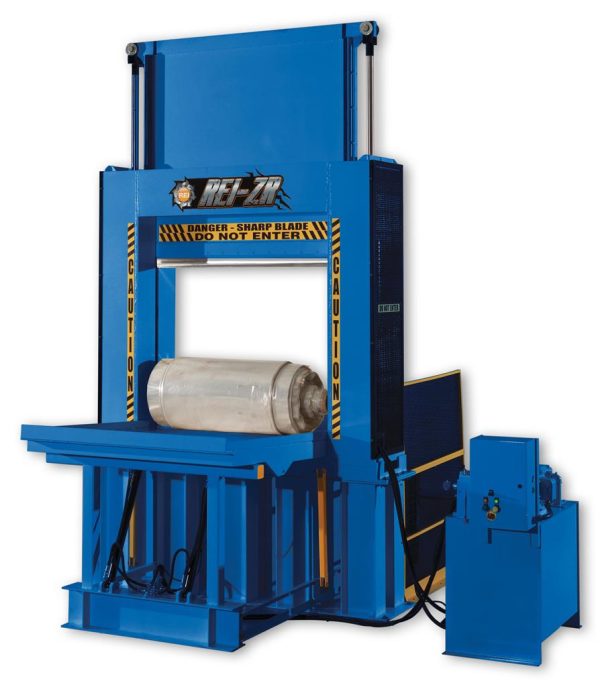 Blue guillotine roll cutter with a roll in place