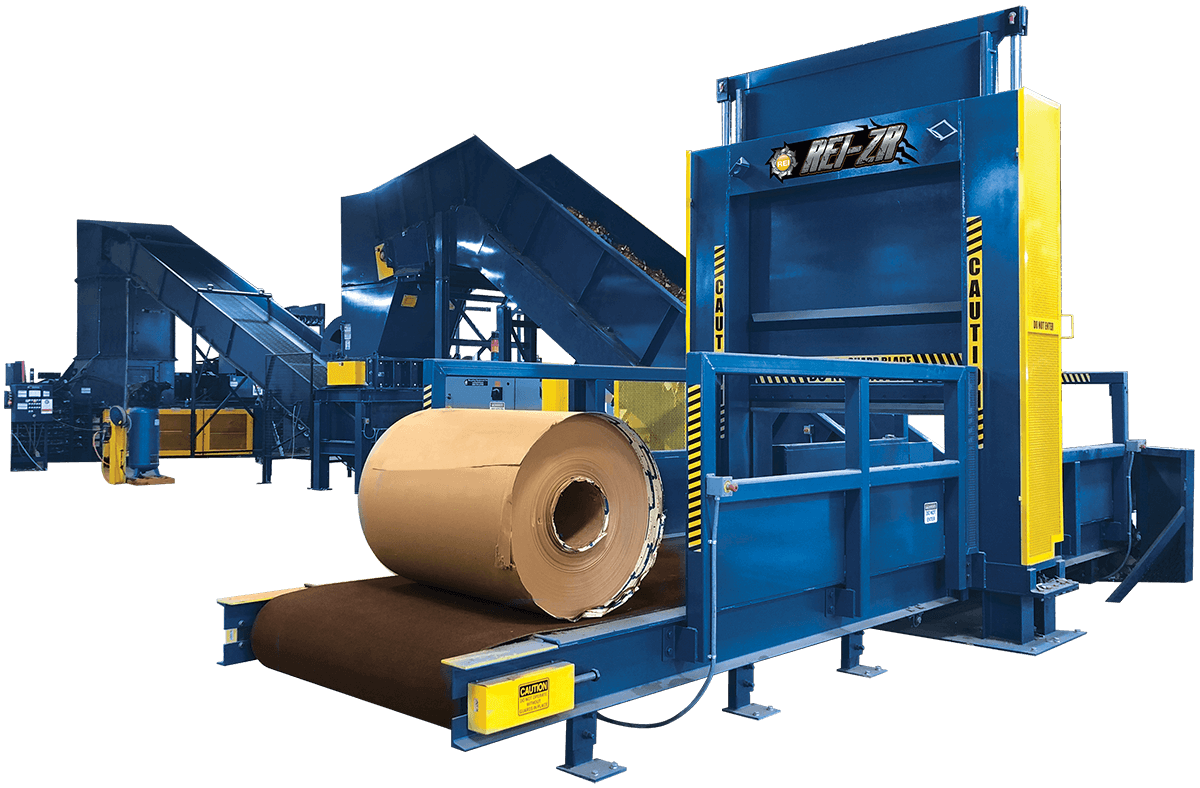 Blue roll splitter with infeed conveyor and paper roll
