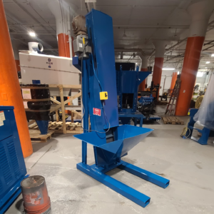Blue 6 foot vertical bucket elevator with infeed hopper
