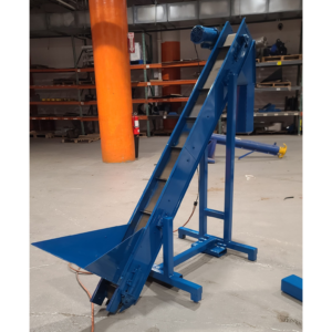 Blue 7 foot diagonal bucket elevator with infeed hopper