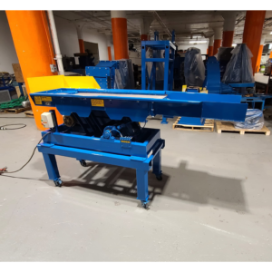 Blue linear screener, 92 inches long, on its stand